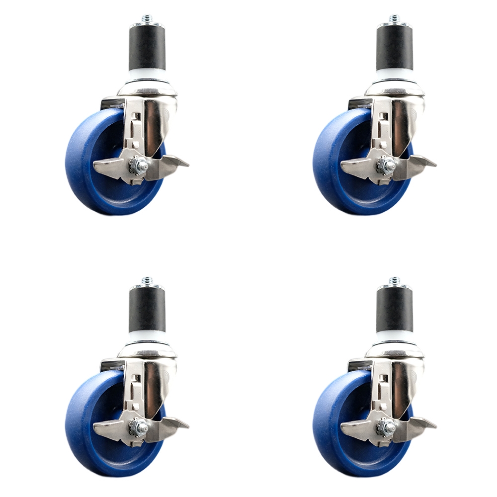 Solid Polyurethane Swivel Stem Caster Set of 4 with 4 Inch Blue Caster Wheels - 1-7/8" Expanding Stems - 316 Stainless Steel Casters-Includes 4 Swivel Casters with Top Lock Brakes-Service Caster Brand — photo 1
