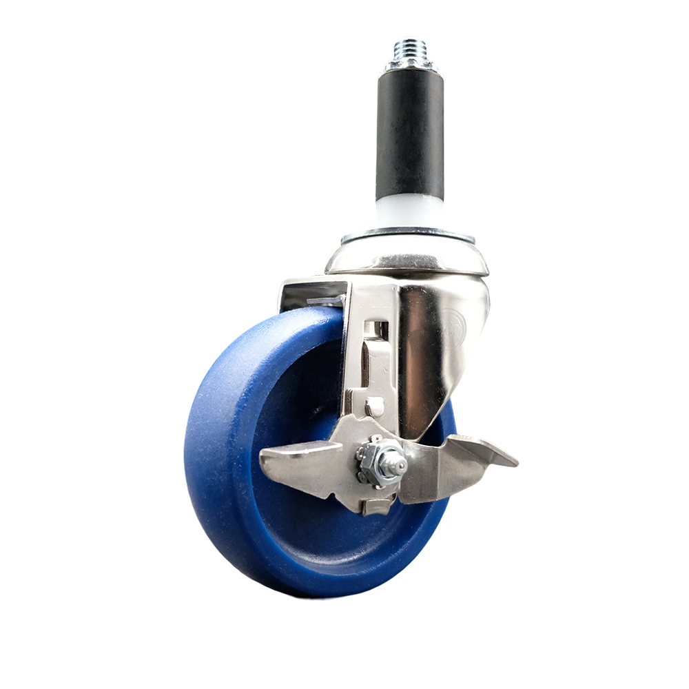 Solid Polyurethane Swivel Stem Caster with 4 Inch Blue Caster Wheel and Top Lock Brake - 1" Expanding Stem - 316 Stainless Steel Caster - 300 lbs. Capacity Per Caster - Service Caster Brand — photo 1