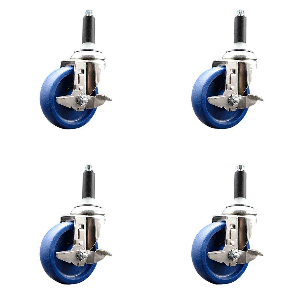 Solid Polyurethane Swivel Stem Caster Set of 4 with 4 Inch Blue Caster Wheels - 3/4" Expanding Stems - 316 Stainless Steel Casters - Includes 4 Swivel Casters with Top Lock Brakes-Service Caster Brand — photo 1