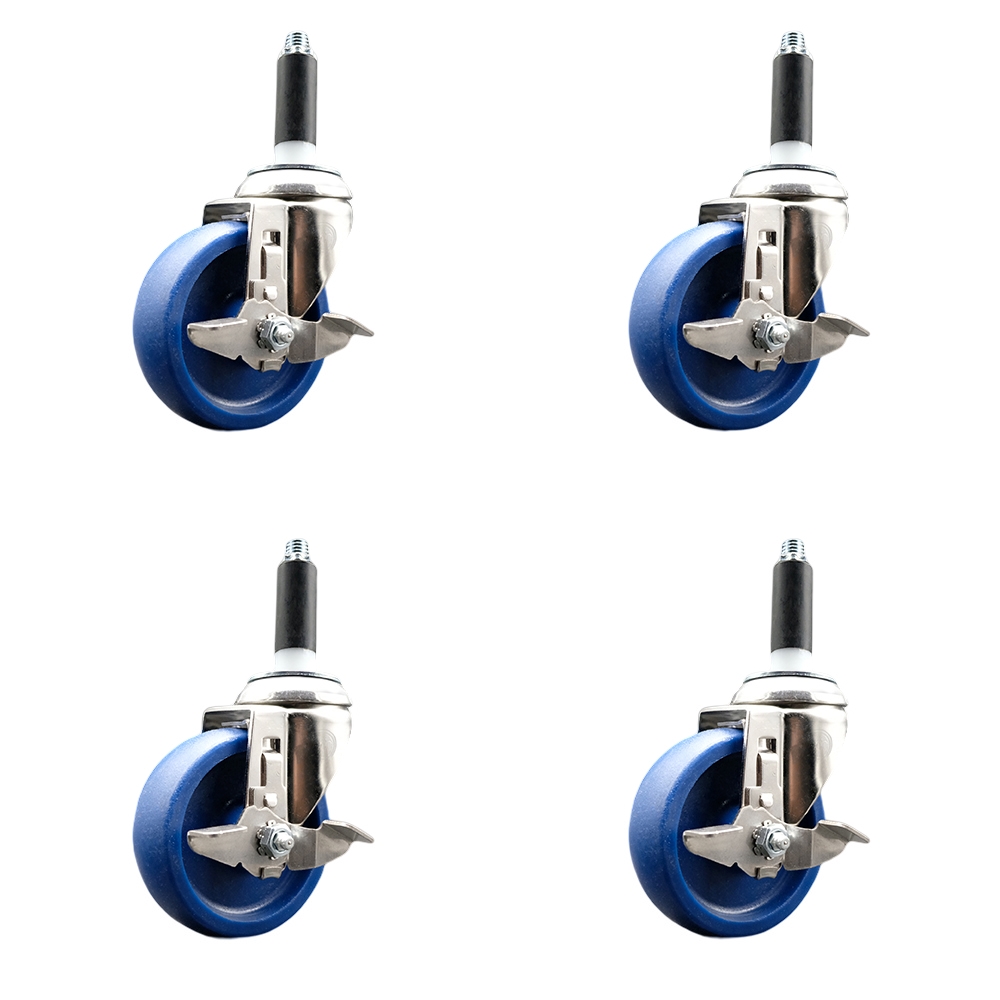 Solid Polyurethane Swivel Stem Caster Set of 4 with 4 Inch Blue Caster Wheels - 7/8" Expanding Stems - 316 Stainless Steel Casters - Includes 4 Swivel Casters with Top Lock Brakes-Service Caster Brand — photo 1