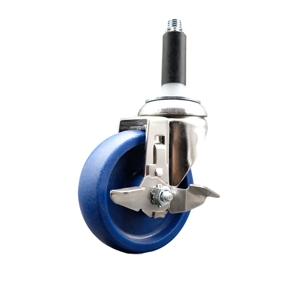 Solid Polyurethane Swivel Stem Caster with 4 Inch Blue Caster Wheel and Top Lock Brake - 7/8" Expanding Stem - 316 Stainless Steel Caster - 300 lbs. Capacity Per Caster - Service Caster Brand — photo 1