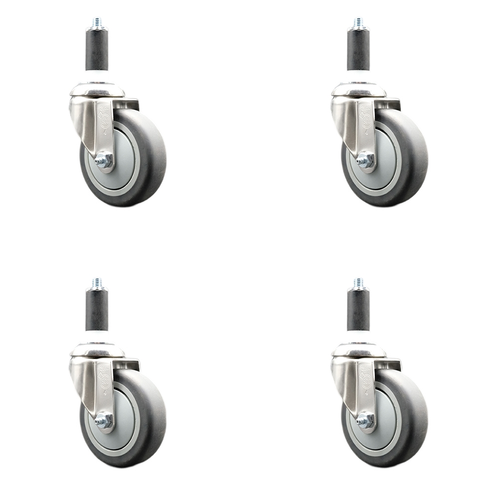 Thermoplastic Rubber Swivel Stem Caster Set of 4 with 4 Inch Gray Caster Wheels - 1-3/8" Expanding Stems - 316 Stainless Steel Casters - Includes 4 Swivel Casters - Service Caster Brand — photo 1