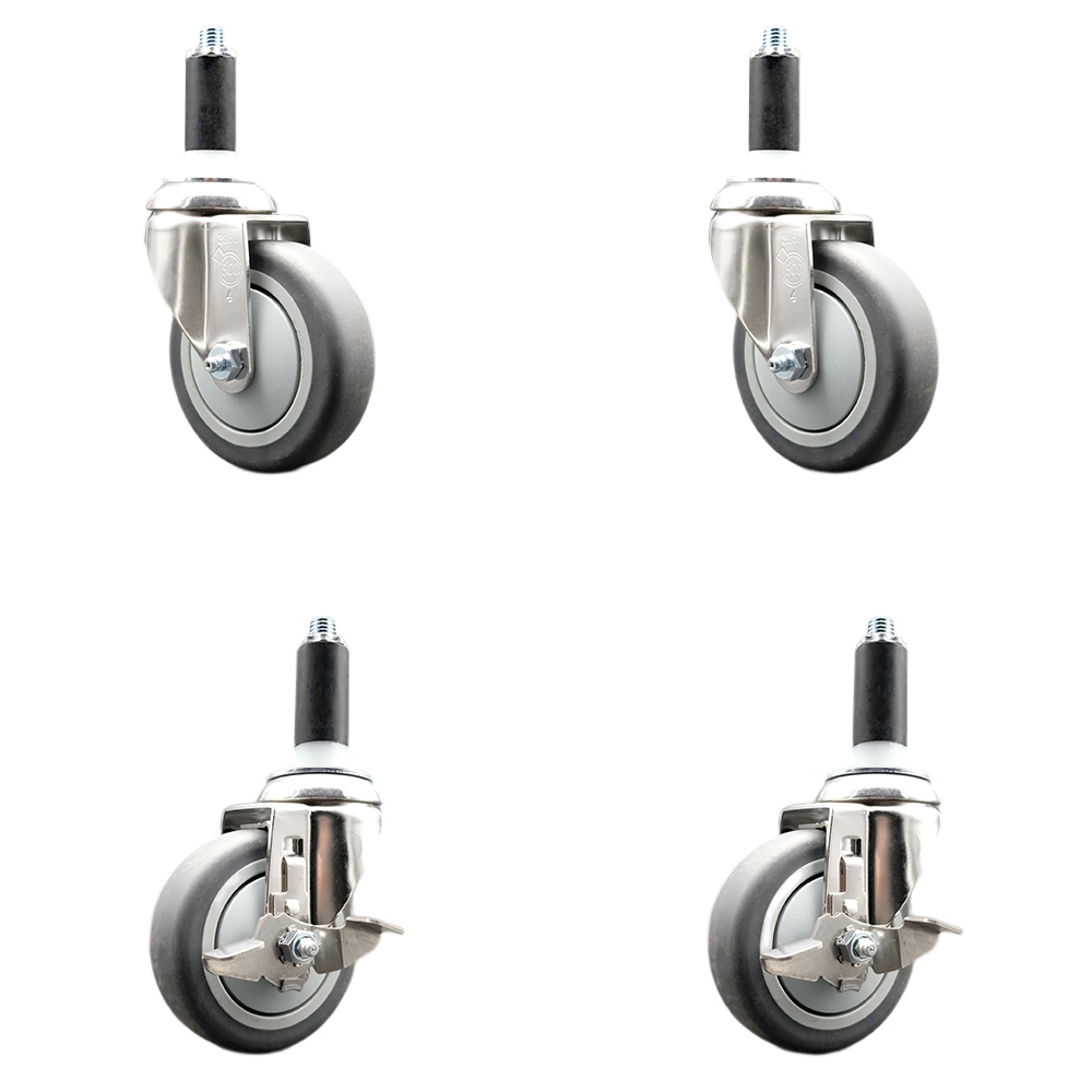 Thermoplastic Rubber Swivel Stem Caster Set of 4 with 4 Inch Caster Wheels - 1-1/8" Expanding Stems-316 Stainless Steel Casters-Includes 2 Swivel with Top Lock Brakes and 2 Swivel-Service Caster Brand — photo 1