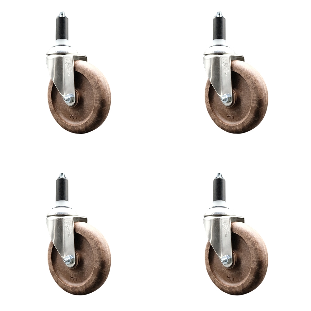 High Temperature Glass Filled Nylon Swivel Stem Caster Set of 4 with 5 Inch Brown Caster Wheels - 1-1/4" Expanding Stems - 316 Stainless Steel Casters - Includes 4 Swivel Casters -Service Caster Brand — photo 1