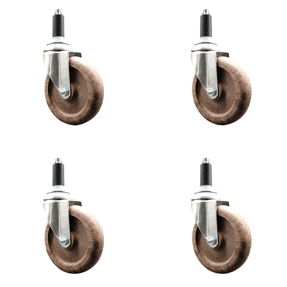 High Temperature Glass Filled Nylon Swivel Stem Caster Set of 4 with 5 Inch Brown Caster Wheels - 1-1/8" Expanding Stems - 316 Stainless Steel Casters - Includes 4 Swivel Casters -Service Caster Brand — photo 1
