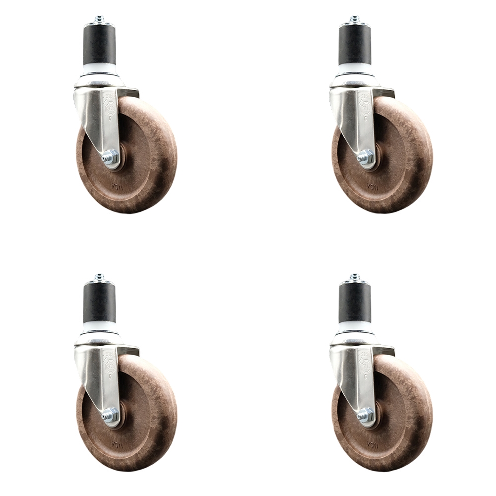 High Temperature Glass Filled Nylon Swivel Stem Caster Set of 4 with 5 Inch Brown Caster Wheels - 1-3/4" Expanding Stems - 316 Stainless Steel Casters - Includes 4 Swivel Casters -Service Caster Brand — photo 1