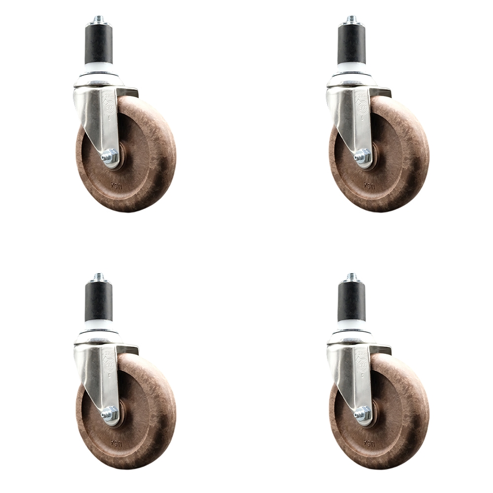 High Temperature Glass Filled Nylon Swivel Stem Caster Set of 4 with 5 Inch Brown Caster Wheels - 1-5/8" Expanding Stems - 316 Stainless Steel Casters - Includes 4 Swivel Casters -Service Caster Brand — photo 1