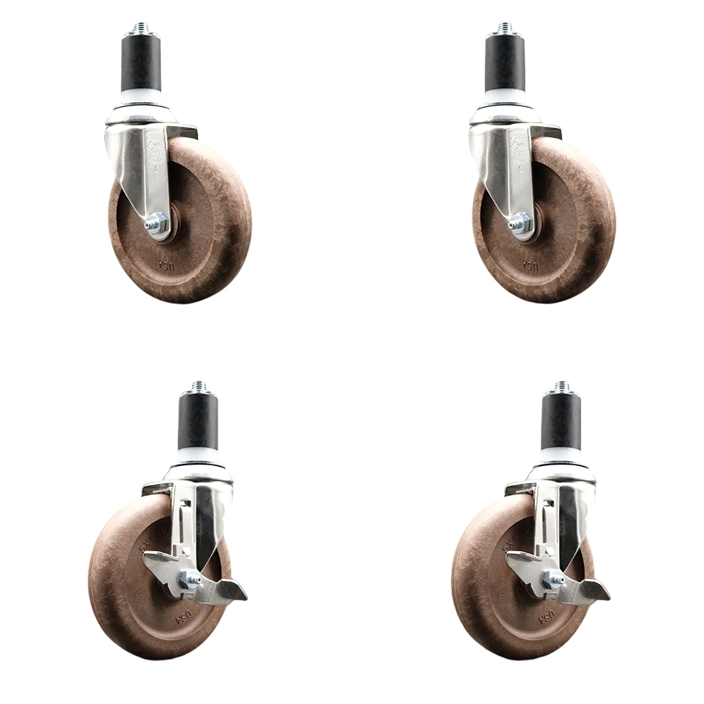 High Temp Glass Filled Nylon Swivel Stem Caster Set of 4 with 5 Inch Caster Wheels-1-1/2" Expanding Stems-316 Stainless Steel Caster-Include 2 Swivel with Top Lock Brake& 2 Swivel-Service Caster Brand — photo 1