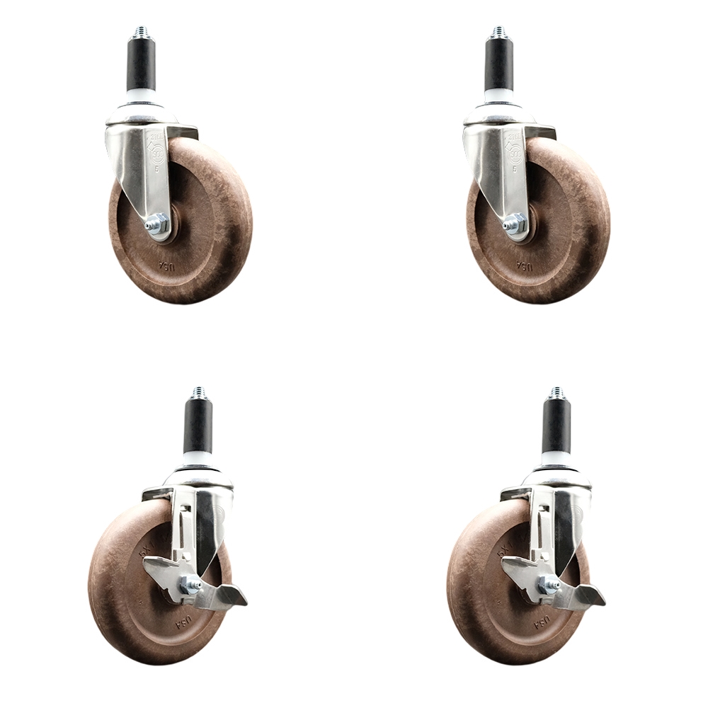 High Temp Glass Filled Nylon Swivel Stem Caster Set of 4 with 5 Inch Caster Wheels-1-1/4" Expanding Stems-316 Stainless Steel Caster-Include 2 Swivel with Top Lock Brake& 2 Swivel-Service Caster Brand — photo 1