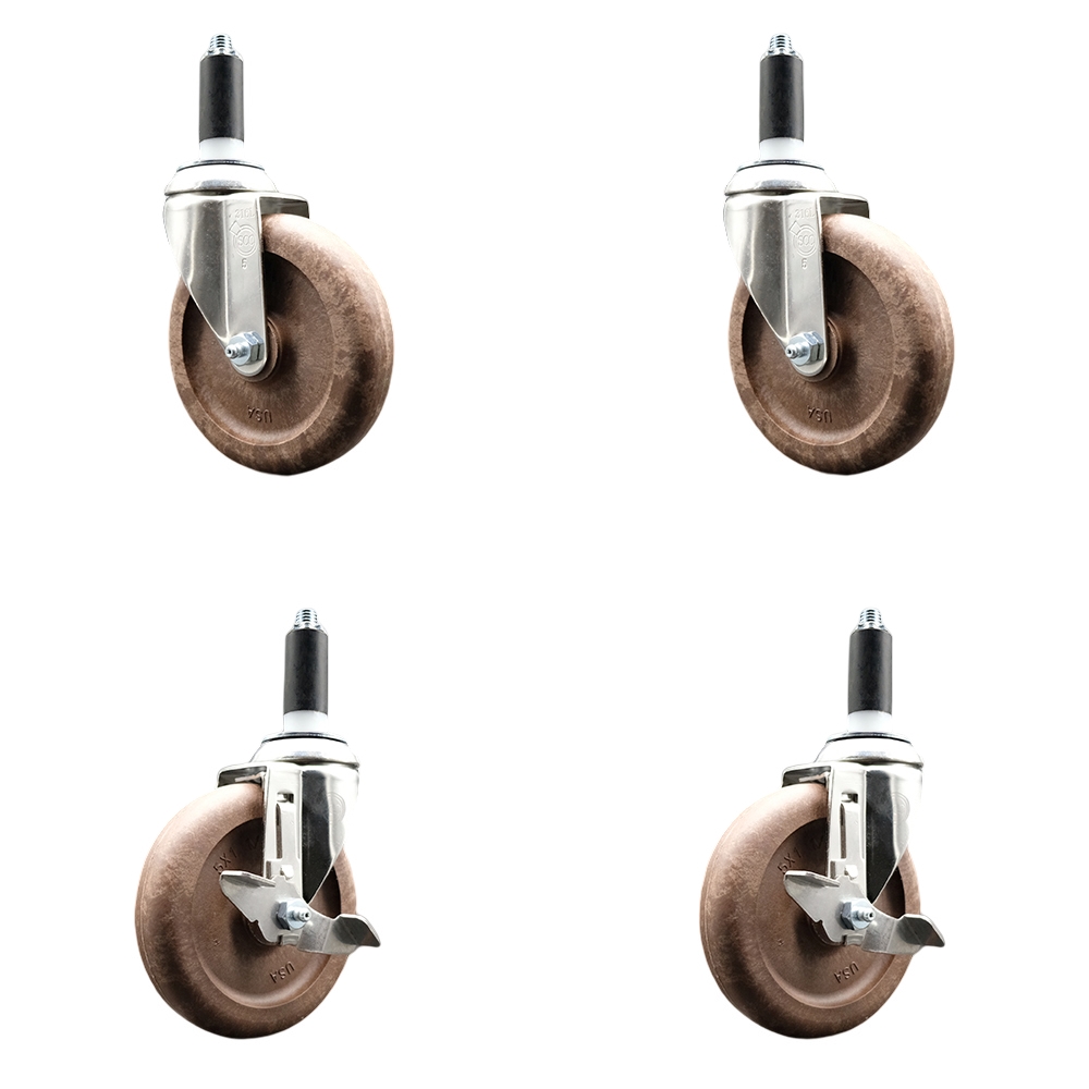 High Temp Glass Filled Nylon Swivel Stem Caster Set of 4 with 5 Inch Caster Wheels-1-1/8" Expanding Stems-316 Stainless Steel Caster-Include 2 Swivel with Top Lock Brake& 2 Swivel-Service Caster Brand — photo 1