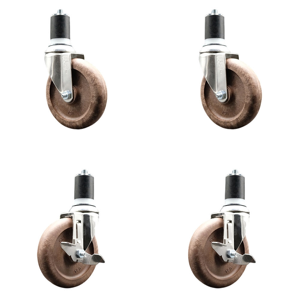 High Temp Glass Filled Nylon Swivel Stem Caster Set of 4 with 5 Inch Caster Wheels-1-3/4" Expanding Stems-316 Stainless Steel Caster-Include 2 Swivel with Top Lock Brake& 2 Swivel-Service Caster Brand — photo 1