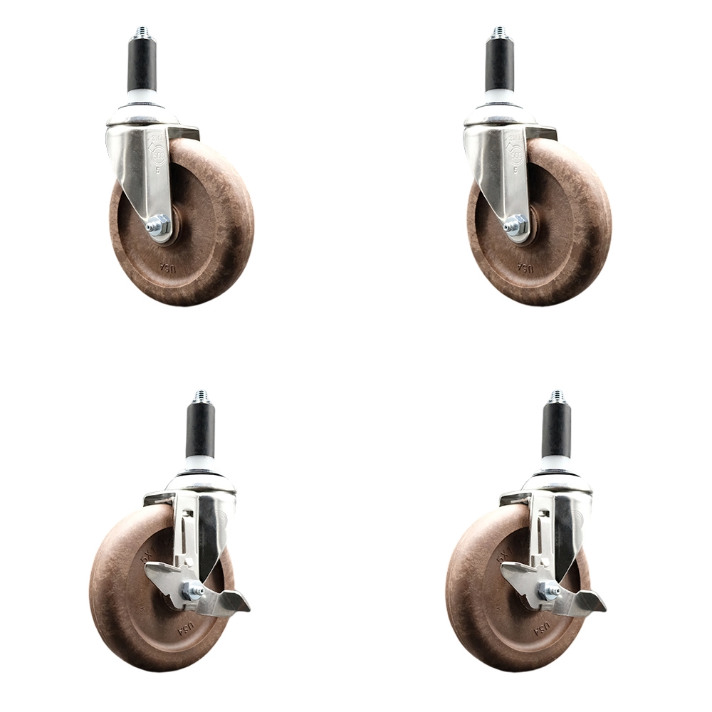 High Temp Glass Filled Nylon Swivel Stem Caster Set of 4 with 5 Inch Caster Wheels-1-3/8" Expanding Stems-316 Stainless Steel Caster-Include 2 Swivel with Top Lock Brake& 2 Swivel-Service Caster Brand — photo 1