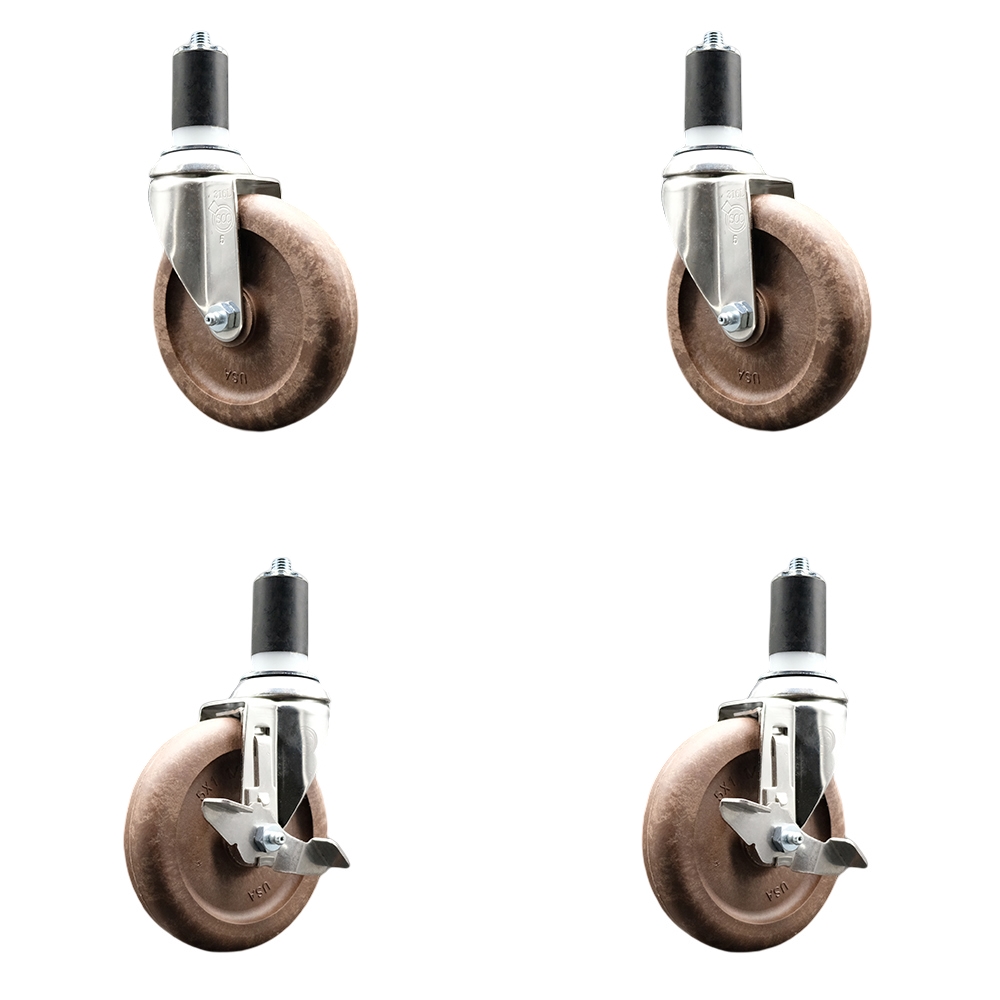 High Temp Glass Filled Nylon Swivel Stem Caster Set of 4 with 5 Inch Caster Wheels-1-5/8" Expanding Stems-316 Stainless Steel Caster-Include 2 Swivel with Top Lock Brake& 2 Swivel-Service Caster Brand — photo 1