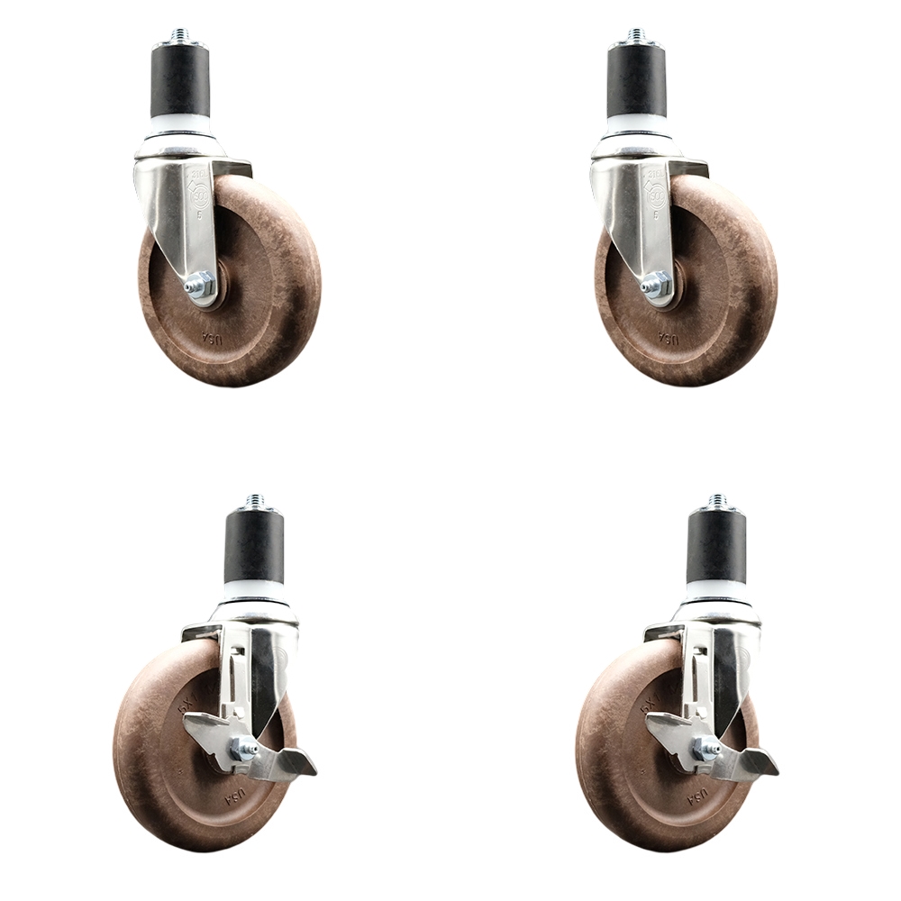 High Temp Glass Filled Nylon Swivel Stem Caster Set of 4 with 5 Inch Caster Wheels-1-7/8" Expanding Stems-316 Stainless Steel Caster-Include 2 Swivel with Top Lock Brake& 2 Swivel-Service Caster Brand — photo 1