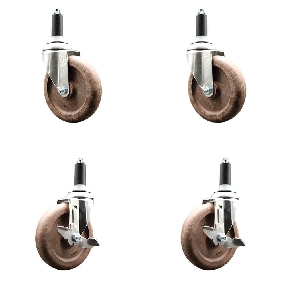 High Temp Glass Filled Nylon Swivel Stem Caster Set of 4 with 5 Inch Caster Wheels-1" Expanding Stems-316 Stainless Steel Casters-Includes 2 Swivel with Top Lock Brakes& 2 Swivel- Service Caster Brand — photo 1
