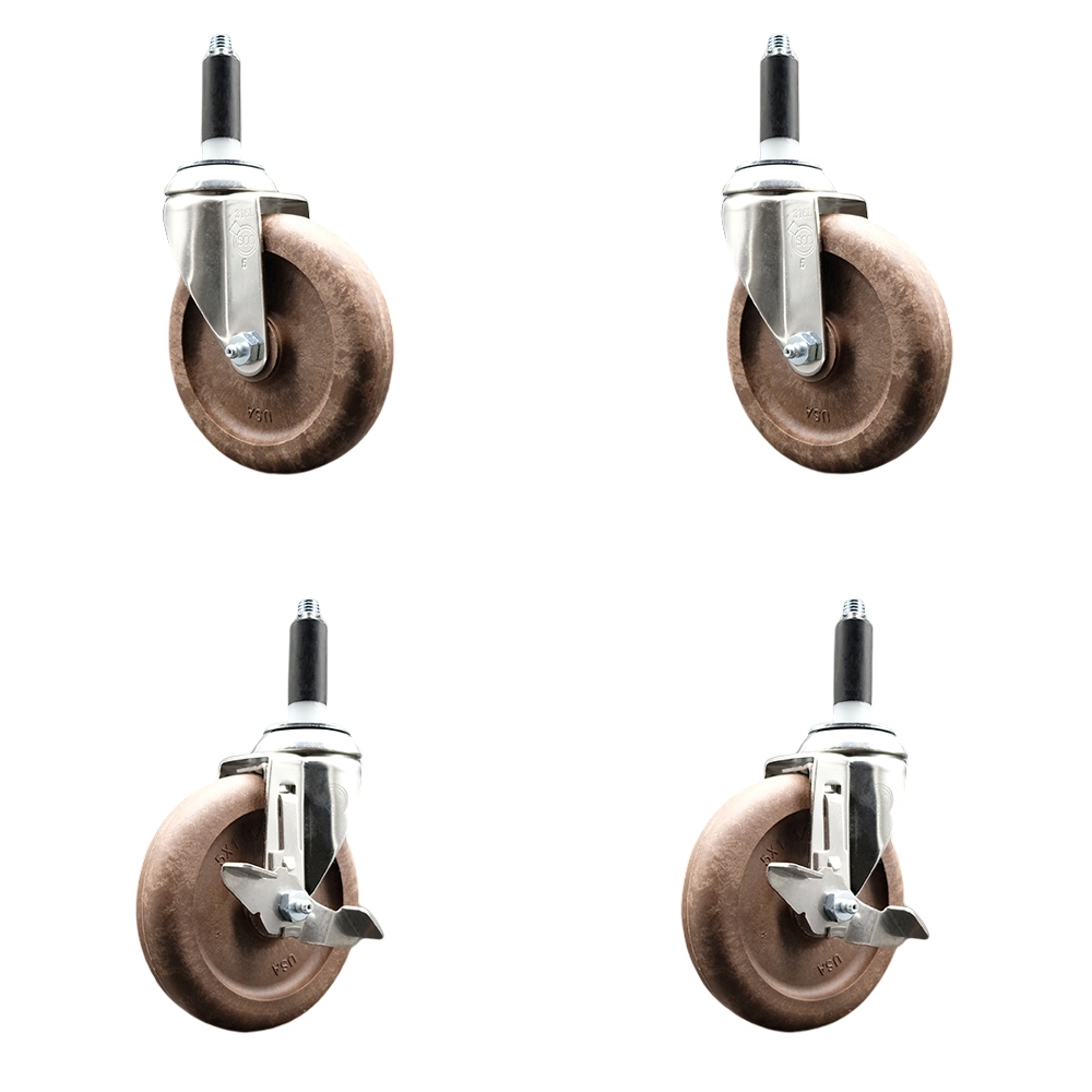 High Temp Glass Filled Nylon Swivel Stem Caster Set of 4 with 5 Inch Caster Wheels-3/4" Expanding Stems-316 Stainless Steel Casters-Includes 2 Swivel with Top Lock Brakes&2 Swivel-Service Caster Brand — photo 1