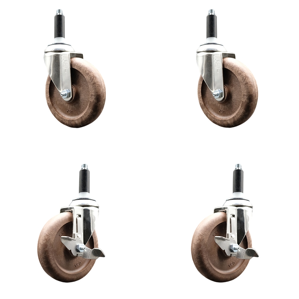 High Temp Glass Filled Nylon Swivel Stem Caster Set of 4 with 5 Inch Caster Wheels-7/8" Expanding Stems-316 Stainless Steel Casters-Includes 2 Swivel with Top Lock Brakes&2 Swivel-Service Caster Brand — photo 1