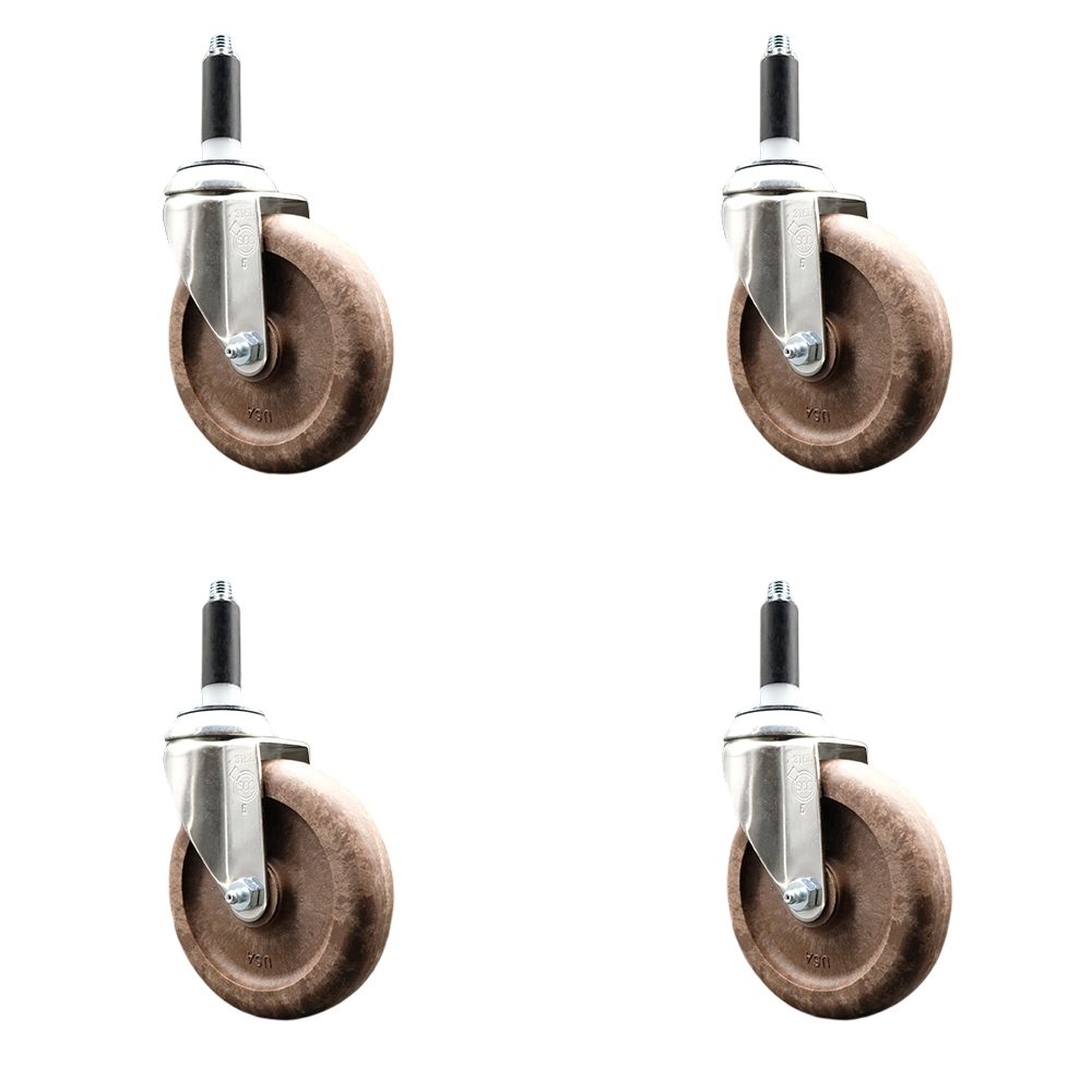 High Temperature Glass Filled Nylon Swivel Stem Caster Set of 4 with 5 Inch Brown Caster Wheels - 3/4" Expanding Stems - 316 Stainless Steel Casters - Includes 4 Swivel Casters - Service Caster Brand — photo 1