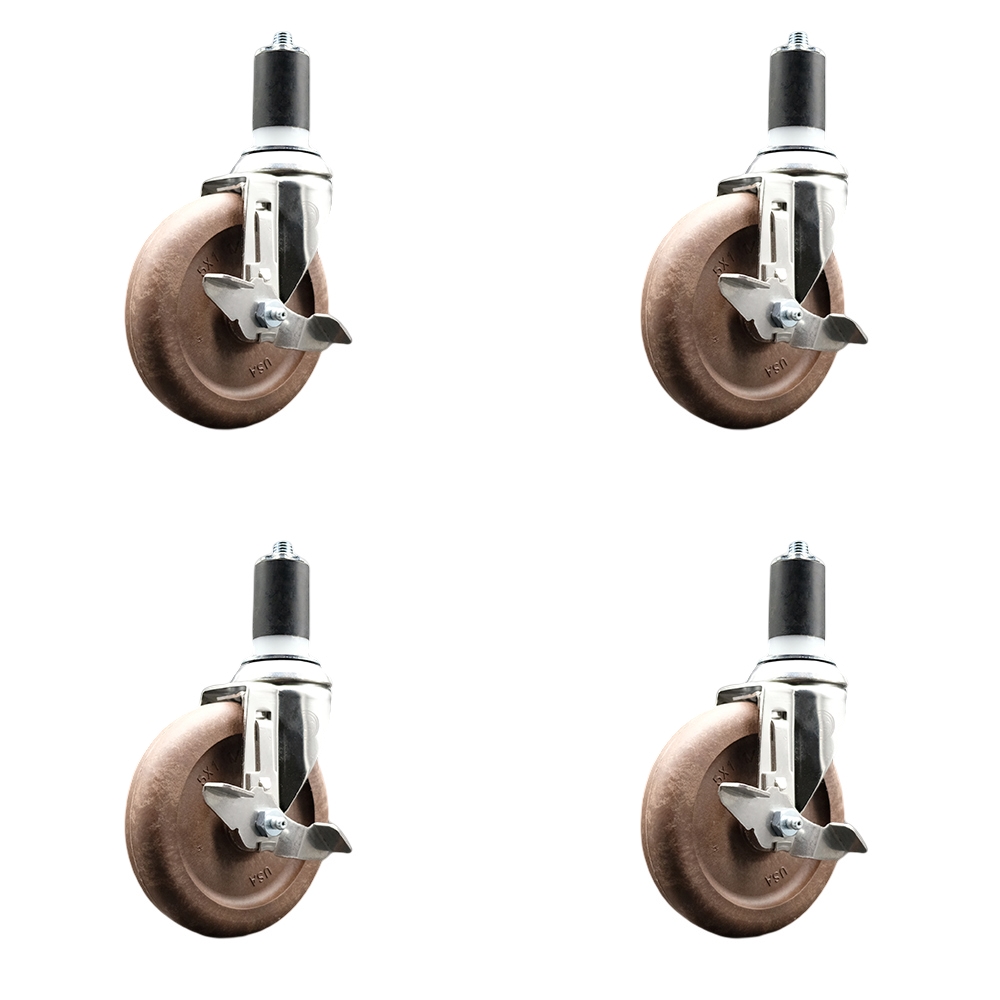 High Temp Glass Filled Nylon Swivel Stem Caster Set of 4 with 5 Inch Caster Wheels- 1-1/2" Expanding Stems-316 Stainless Steel Casters-Include 4 Swivel Casters with Top Lock Brake-Service Caster Brand — photo 1
