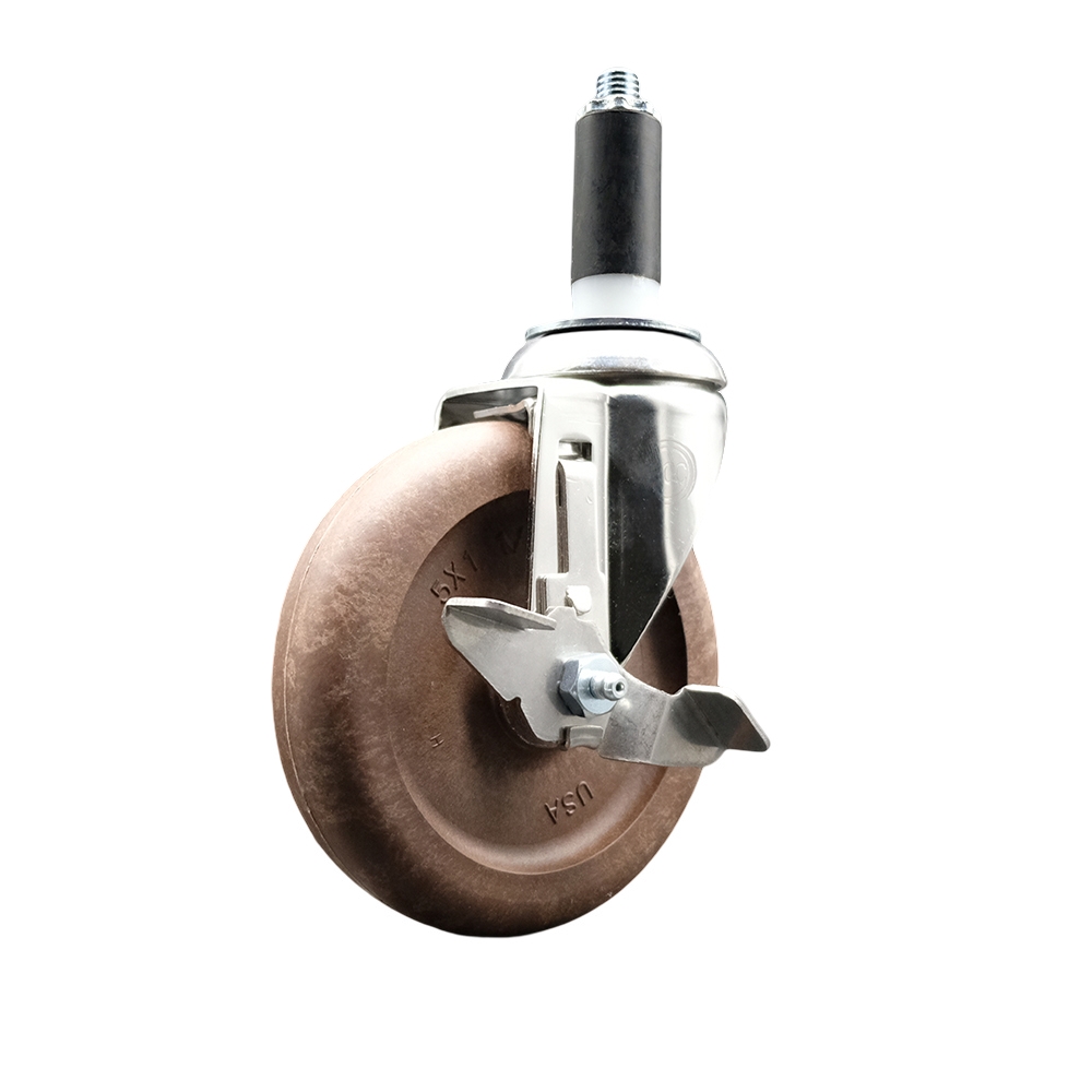 High Temp Glass Filled Nylon Swivel Stem Caster with 5 Inch Brown Caster Wheel and Top Lock Brake - 1" Expanding Stem - 316 Stainless Steel Caster - 350 lbs. Capacity Per Caster - Service Caster Brand — photo 1