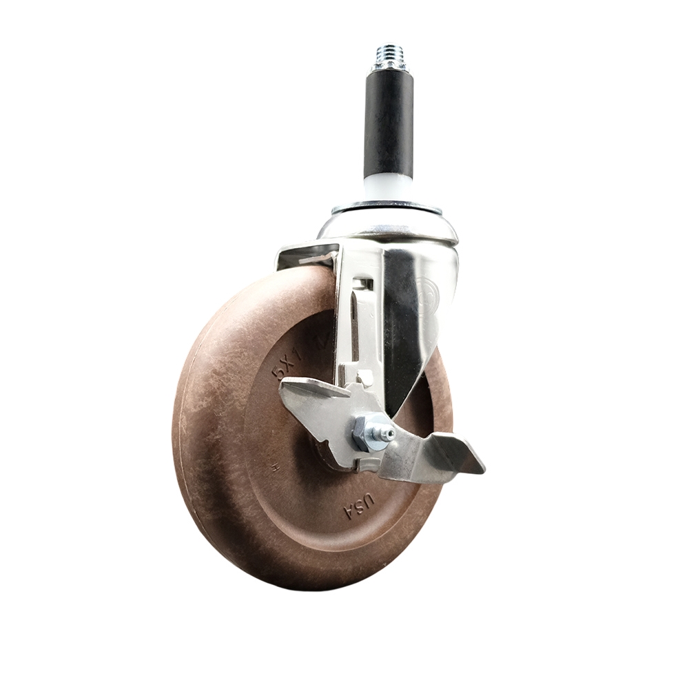 High Temp Glass Filled Nylon Swivel Stem Caster with 5 Inch Brown Caster Wheel and Top Lock Brake - 7/8" Expanding Stem - 316 Stainless Steel Caster - 350 lbs. Capacity Per Caster-Service Caster Brand — photo 1