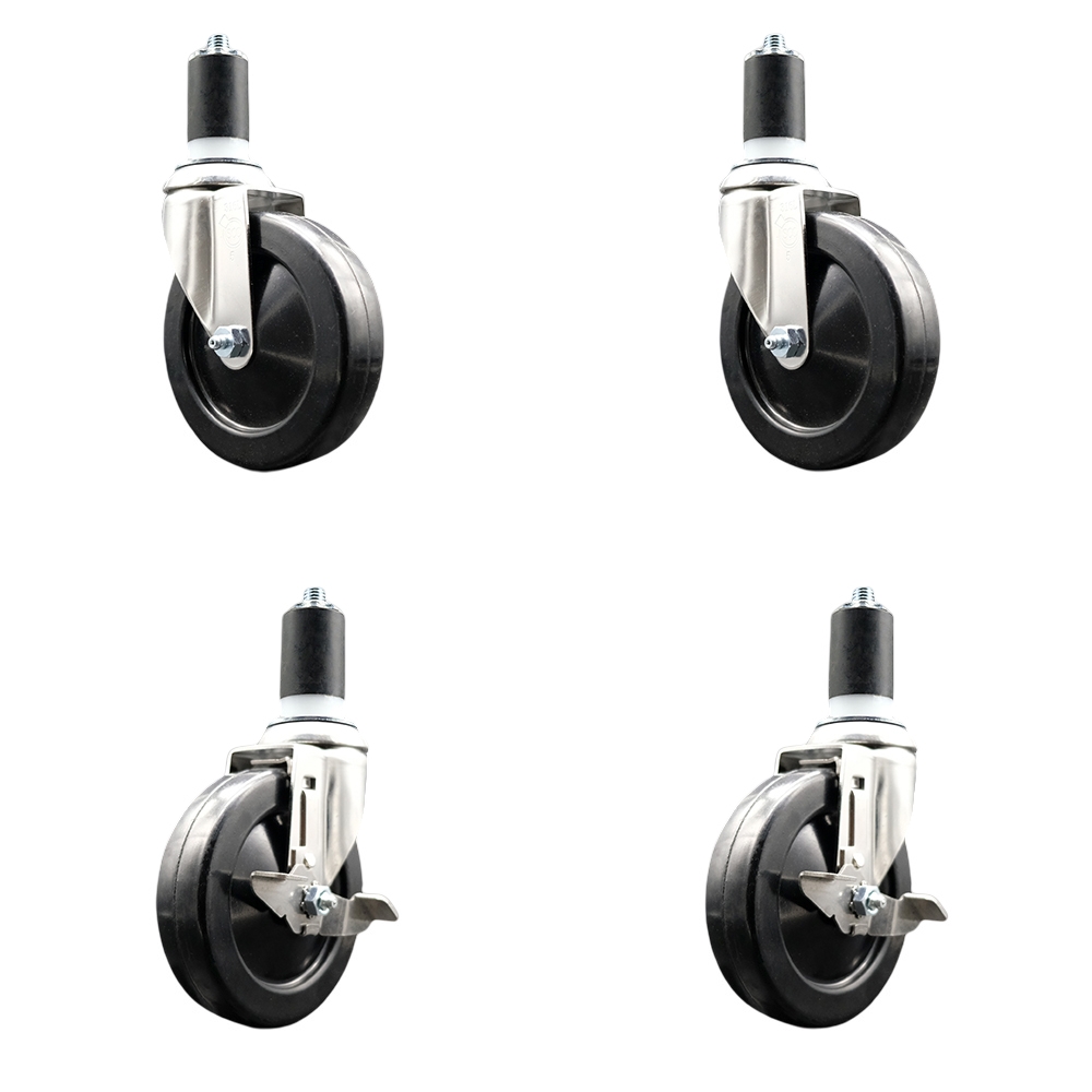 Soft Rubber Swivel Stem Caster Set of 4 with 5 Inch Caster Wheels - 1-1/2" Expanding Stems - 316 Stainless Steel Casters - Includes 2 Swivel with Top Lock Brakes and 2 Swivel - Service Caster Brand — photo 1