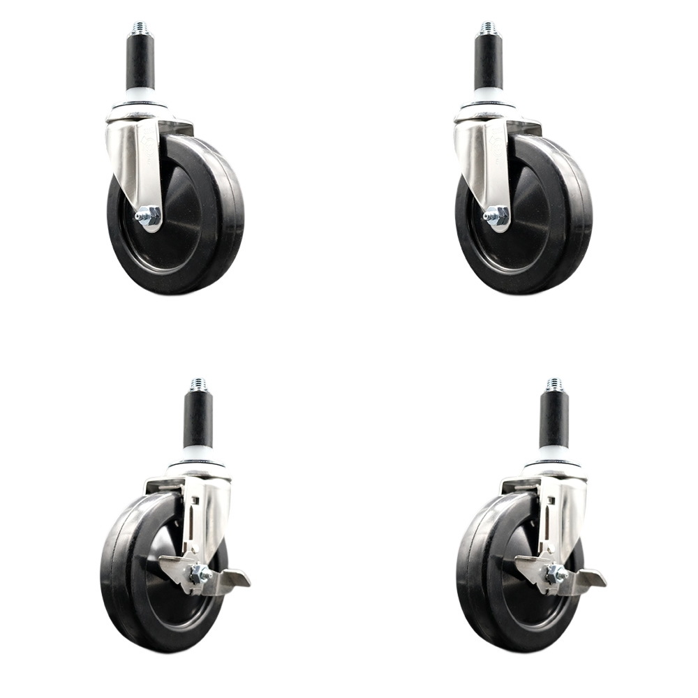 Soft Rubber Swivel Stem Caster Set of 4 with 5 Inch Caster Wheels - 1-1/8" Expanding Stems - 316 Stainless Steel Casters - Includes 2 Swivel with Top Lock Brakes and 2 Swivel - Service Caster Brand — photo 1