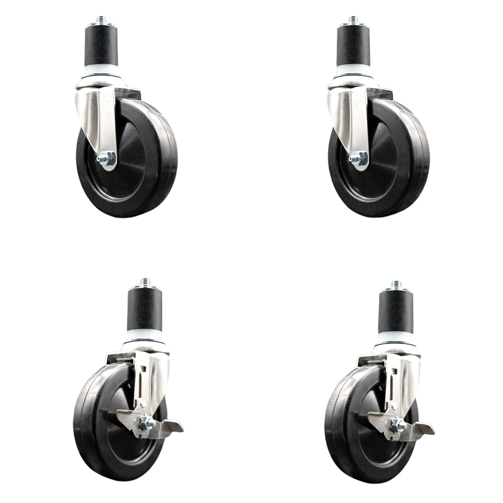 Hard Rubber Swivel Stem Caster Set of 4 with 5 Inch Caster Wheels - 1-3/4" Expanding Stems - 316 Stainless Steel Casters - Includes 2 Swivel with Top Lock Brakes and 2 Swivel - Service Caster Brand — photo 1