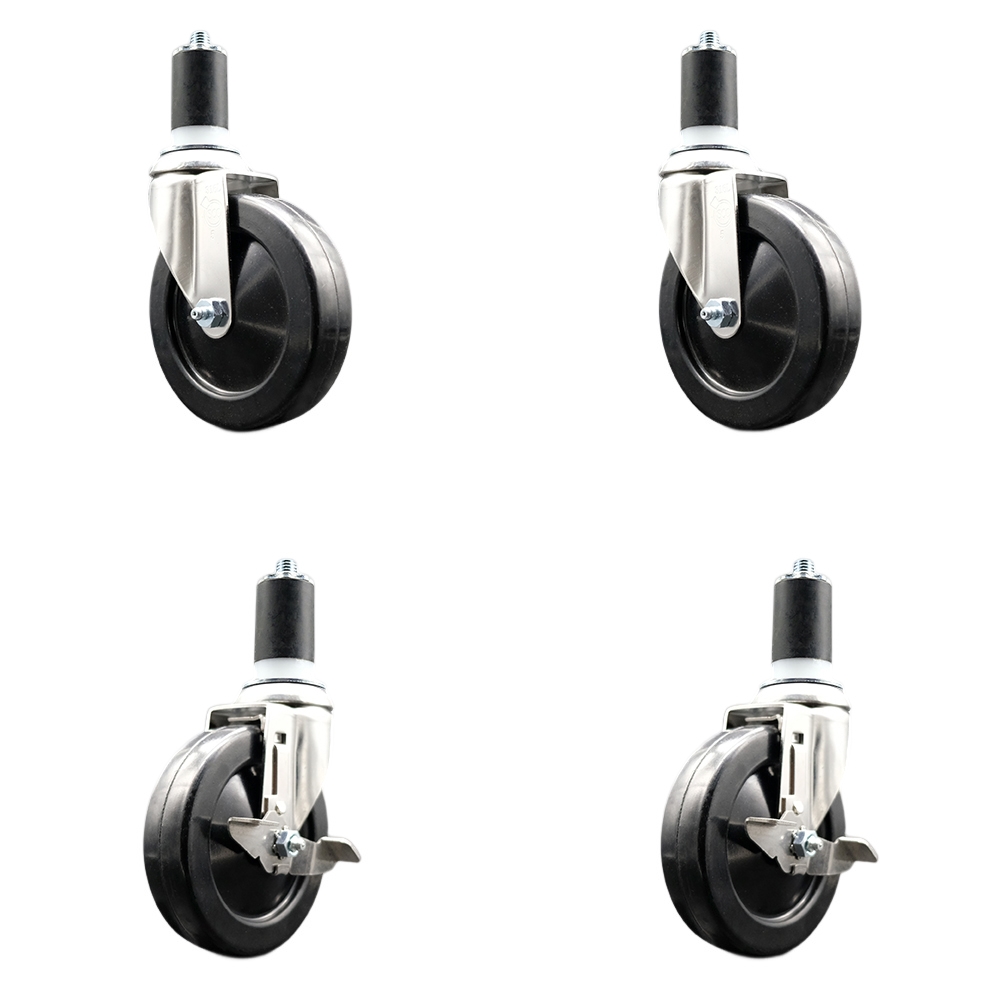 Hard Rubber Swivel Stem Caster Set of 4 with 5 Inch Caster Wheels - 1-5/8" Expanding Stems - 316 Stainless Steel Casters - Includes 2 Swivel with Top Lock Brakes and 2 Swivel - Service Caster Brand — photo 1