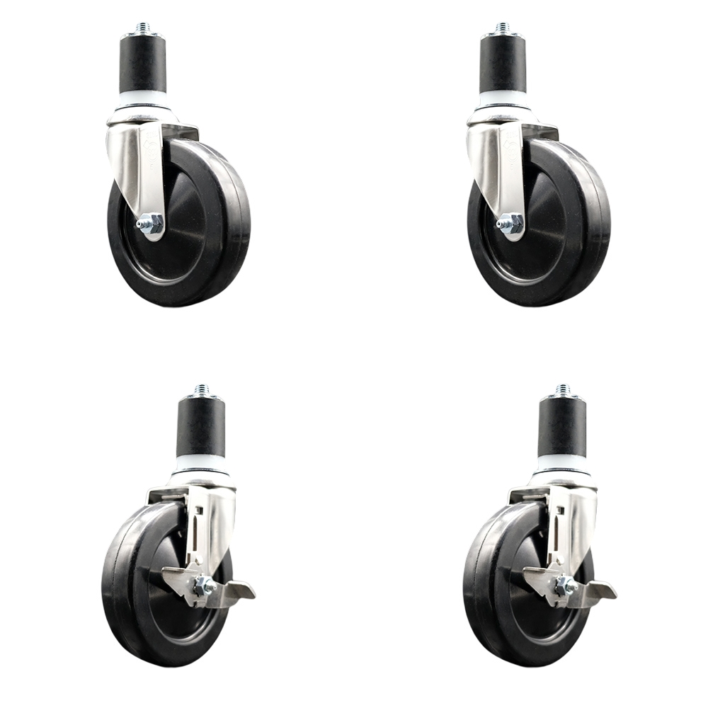 Soft Rubber Swivel Stem Caster Set of 4 with 5 Inch Caster Wheels - 1-7/8" Expanding Stems - 316 Stainless Steel Casters - Includes 2 Swivel with Top Lock Brakes and 2 Swivel - Service Caster Brand — photo 1