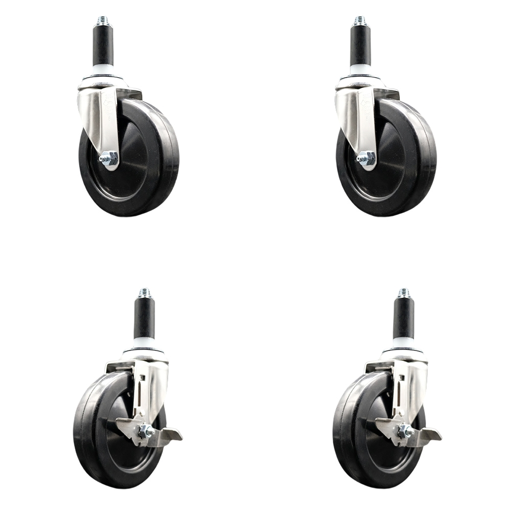 Soft Rubber Swivel Stem Caster Set of 4 with 5 Inch Caster Wheels - 1" Expanding Stems - 316 Stainless Steel Casters - Includes 2 Swivel with Top Lock Brakes and 2 Swivel - Service Caster Brand — photo 1