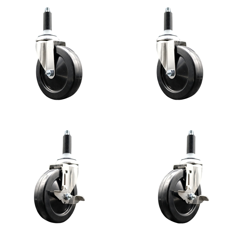 Hard Rubber Swivel Stem Caster Set of 4 with 5 Inch Caster Wheels - 3/4" Expanding Stems - 316 Stainless Steel Casters - Includes 2 Swivel with Top Lock Brakes and 2 Swivel - Service Caster Brand — photo 1
