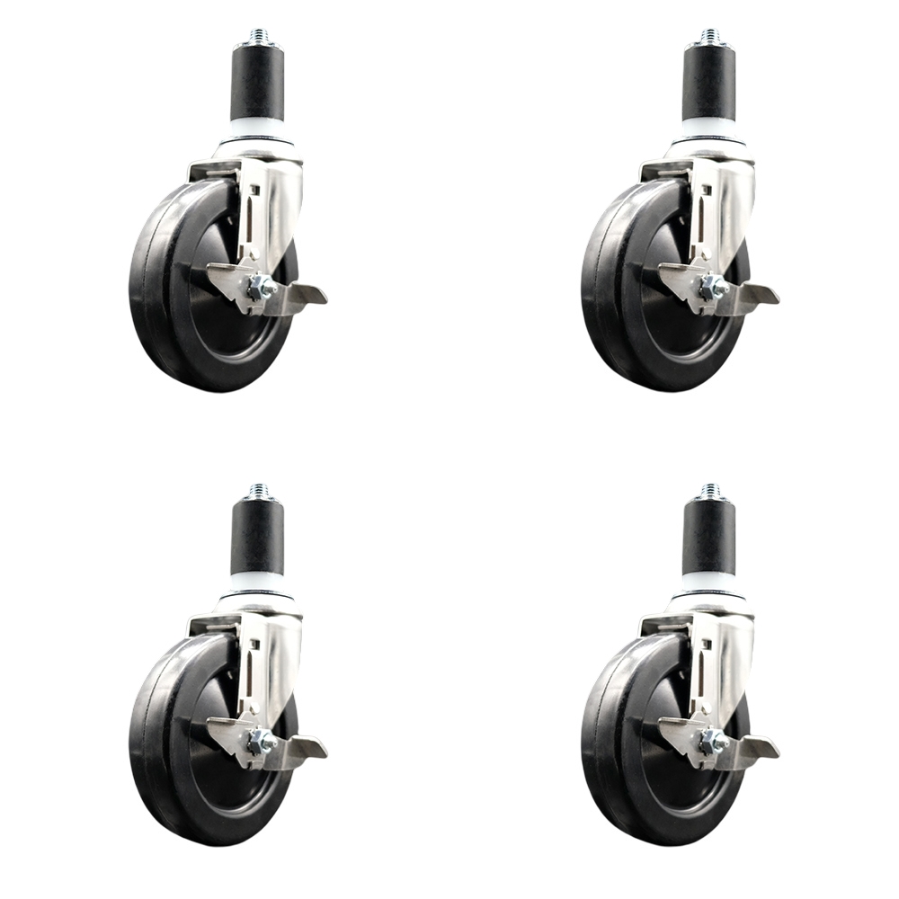 Hard Rubber Swivel Stem Caster Set of 4 with 5 Inch Caster Wheels - 1-1/2" Expanding Stems - 316 Stainless Steel Casters - Includes 4 Swivel Casters with Top Lock Brakes - Service Caster Brand — photo 1