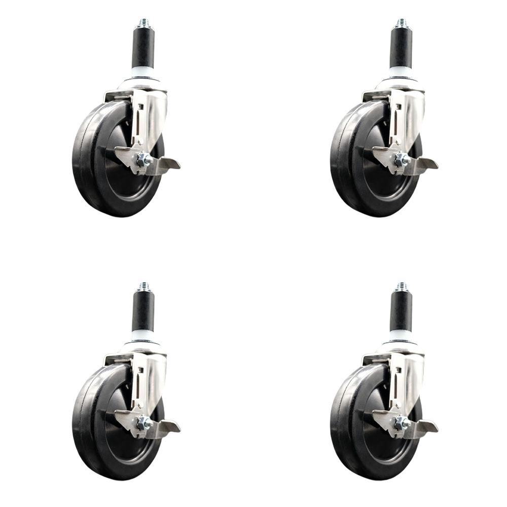 Hard Rubber Swivel Stem Caster Set of 4 with 5 Inch Caster Wheels - 1-1/4" Expanding Stems - 316 Stainless Steel Casters - Includes 4 Swivel Casters with Top Lock Brakes - Service Caster Brand — photo 1