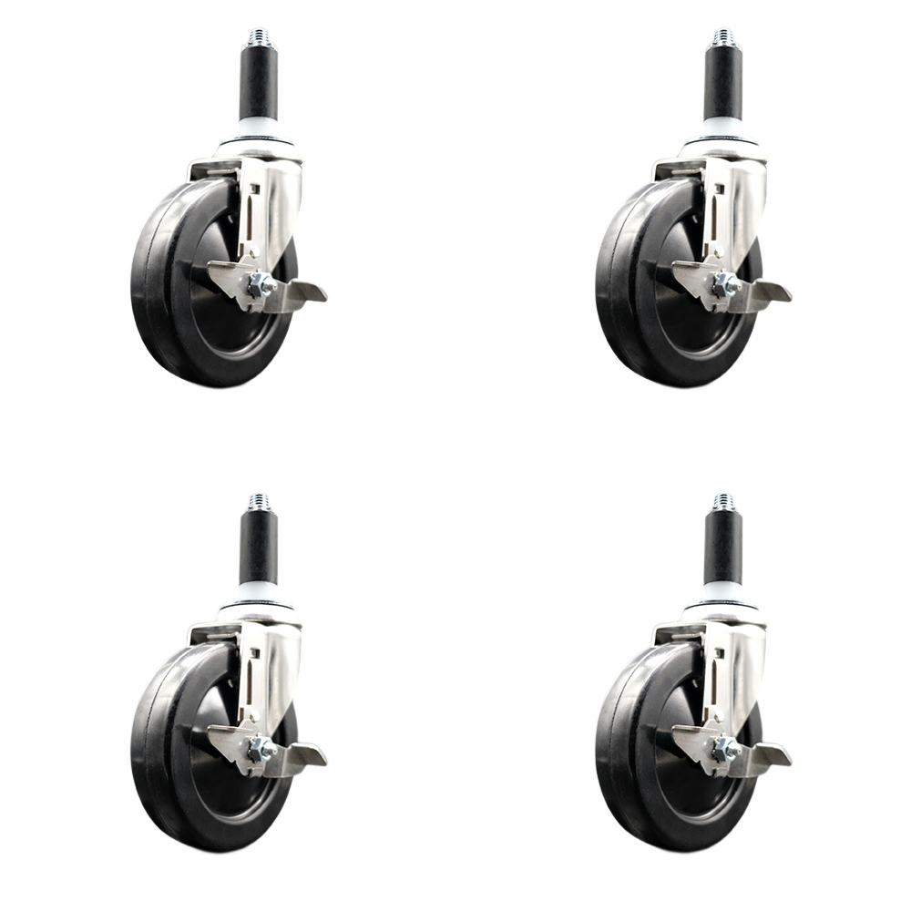 Hard Rubber Swivel Stem Caster Set of 4 with 5 Inch Caster Wheels - 1-1/8" Expanding Stems - 316 Stainless Steel Casters - Includes 4 Swivel Casters with Top Lock Brakes - Service Caster Brand — photo 1