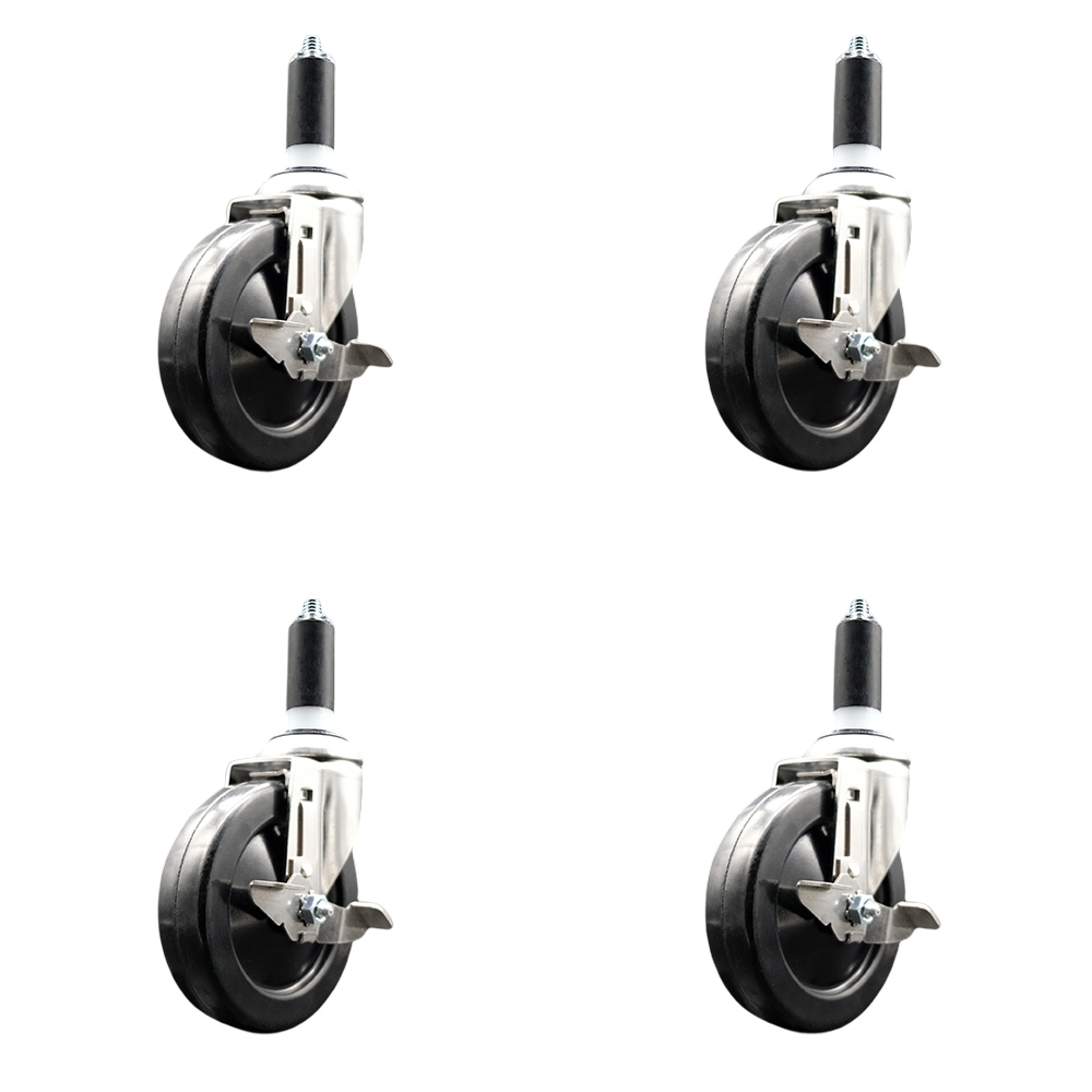 Hard Rubber Swivel Stem Caster Set of 4 with 5 Inch Caster Wheels - 1-3/8" Expanding Stems - 316 Stainless Steel Casters - Includes 4 Swivel Casters with Top Lock Brakes - Service Caster Brand — photo 1
