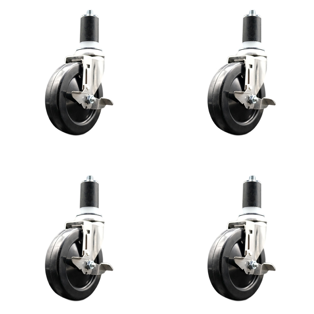 Hard Rubber Swivel Stem Caster Set of 4 with 5 Inch Caster Wheels - 1-5/8" Expanding Stems - 316 Stainless Steel Casters - Includes 4 Swivel Casters with Top Lock Brakes - Service Caster Brand — photo 1