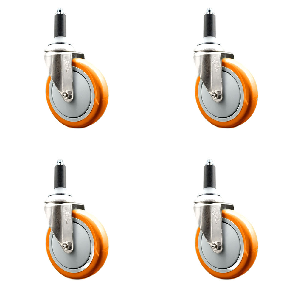 Polyurethane Swivel Stem Caster Set of 4 with 5 Inch Orange Caster Wheels - 1" Expanding Stems - 316 Stainless Steel Casters - Includes 4 Swivel Casters - Service Caster Brand — photo 1