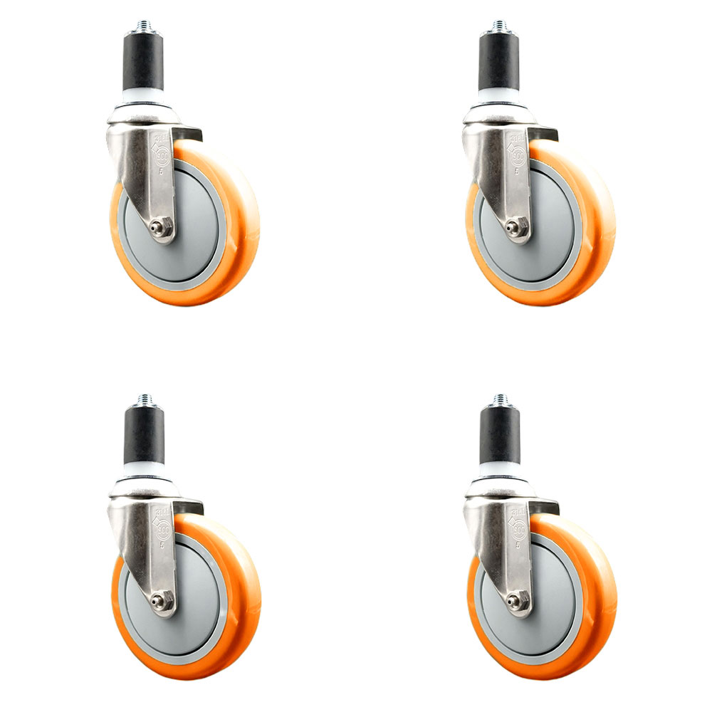 Polyurethane Swivel Stem Caster Set of 4 with 5 Inch Orange Caster Wheels - 1-1/2" Expanding Stems - 316 Stainless Steel Casters - Includes 4 Swivel Casters - Service Caster Brand — photo 1
