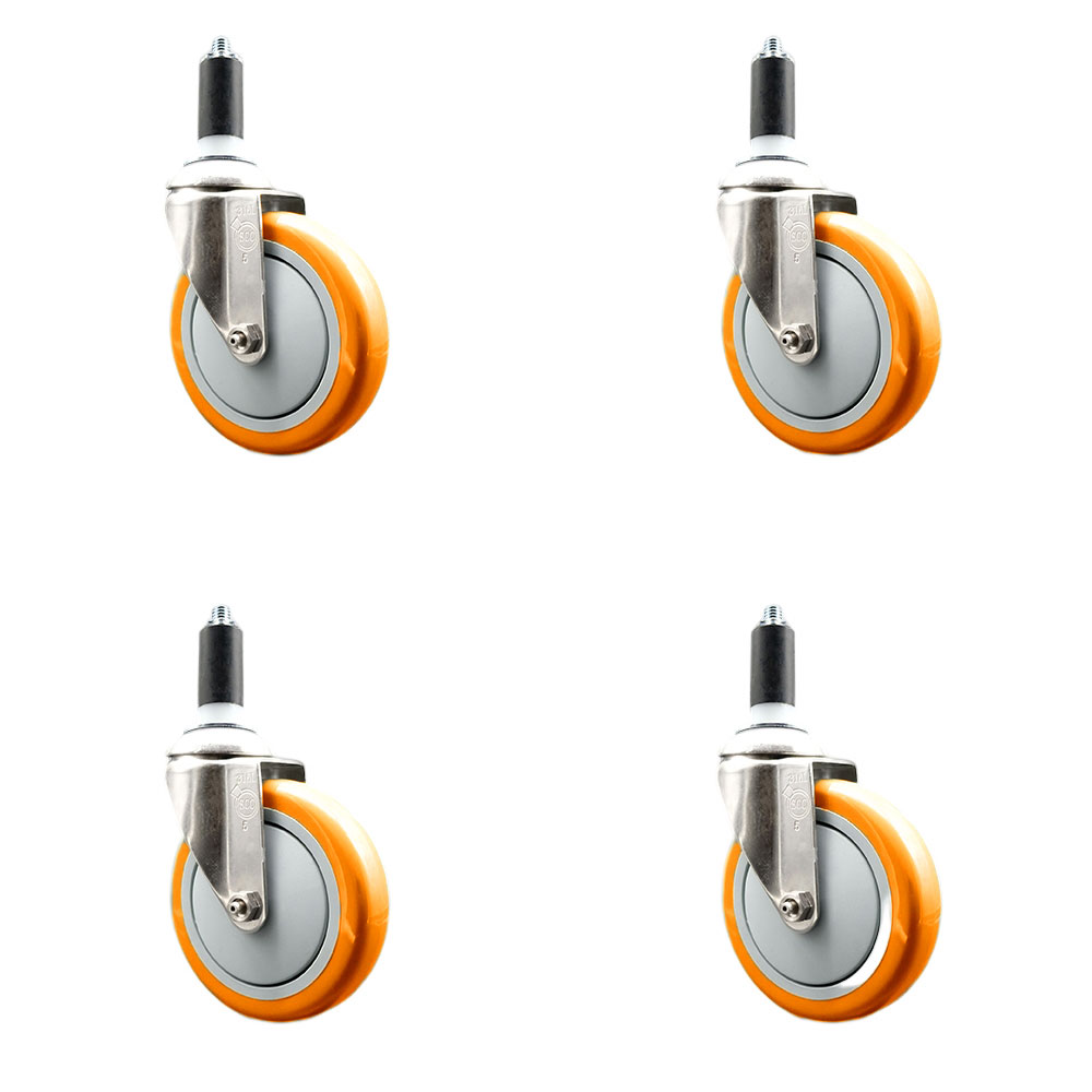 Polyurethane Swivel Stem Caster Set of 4 with 5 Inch Orange Caster Wheels - 1-1/4" Expanding Stems - 316 Stainless Steel Casters - Includes 4 Swivel Casters - Service Caster Brand — photo 1