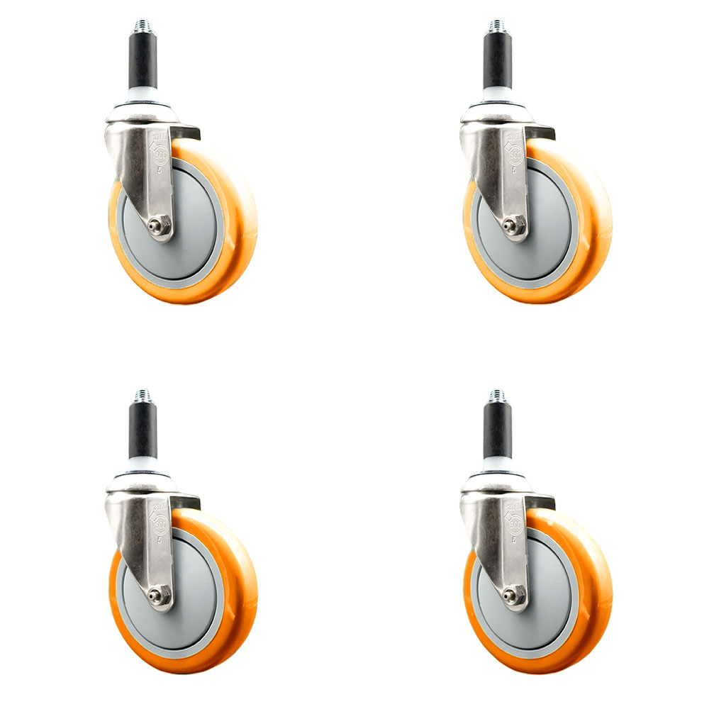 Polyurethane Swivel Stem Caster Set of 4 with 5 Inch Orange Caster Wheels - 1-1/8" Expanding Stems - 316 Stainless Steel Casters - Includes 4 Swivel Casters - Service Caster Brand — photo 1