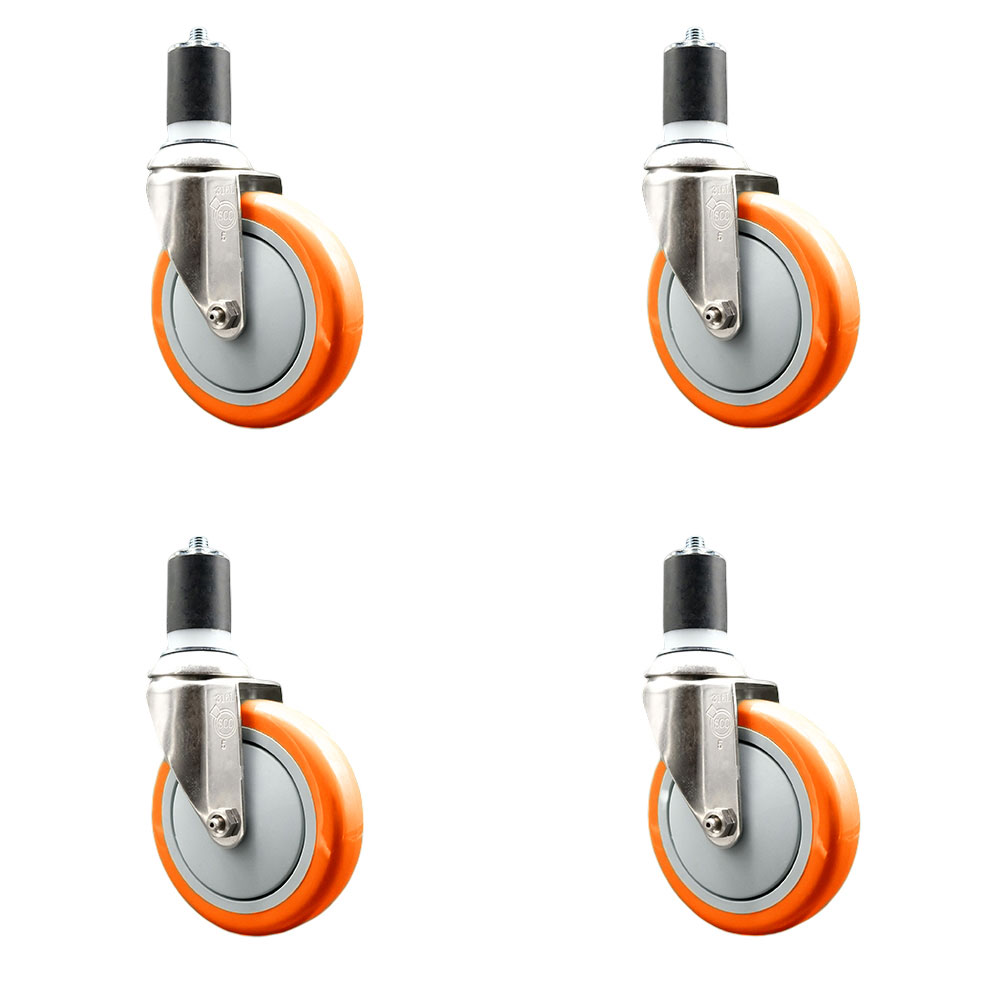 Polyurethane Swivel Stem Caster Set of 4 with 5 Inch Orange Caster Wheels - 1-3/4" Expanding Stems - 316 Stainless Steel Casters - Includes 4 Swivel Casters - Service Caster Brand — photo 1
