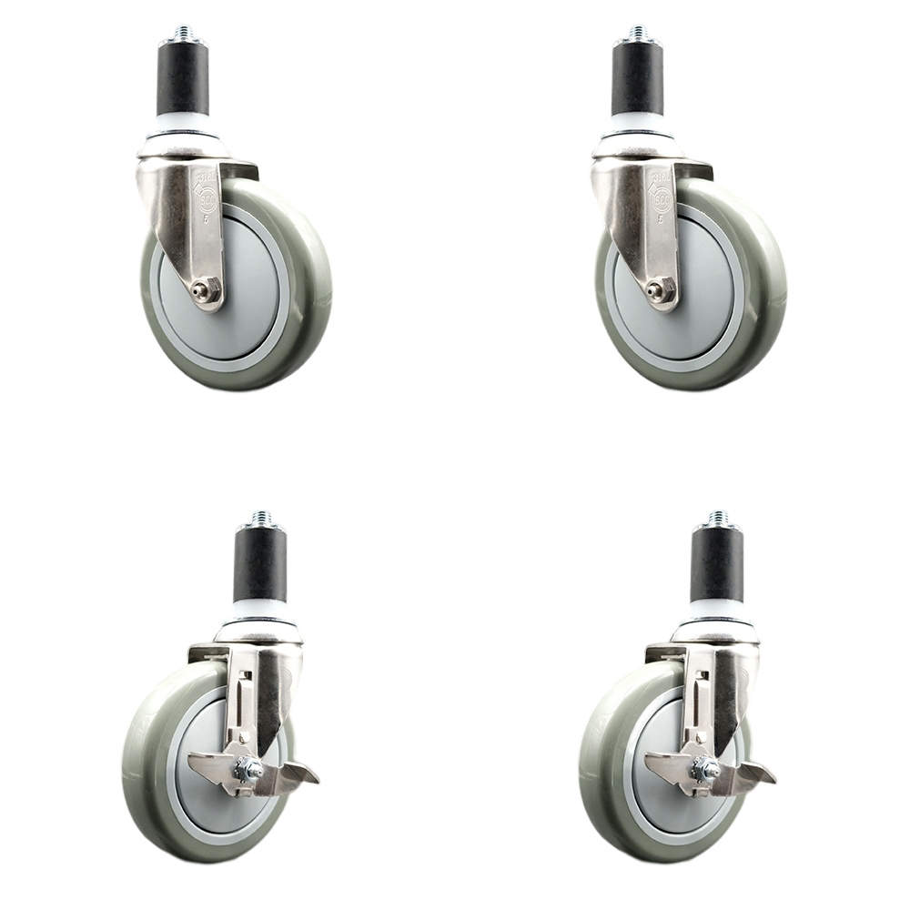 Polyurethane Swivel Stem Caster Set of 4 with 5 Inch Gray Caster Wheels - 1-1/2" Expanding Stems - 316 Stainless Steel Casters-Includes 2 Swivel with Top Lock Brakes and 2 Swivel-Service Caster Brand — photo 1