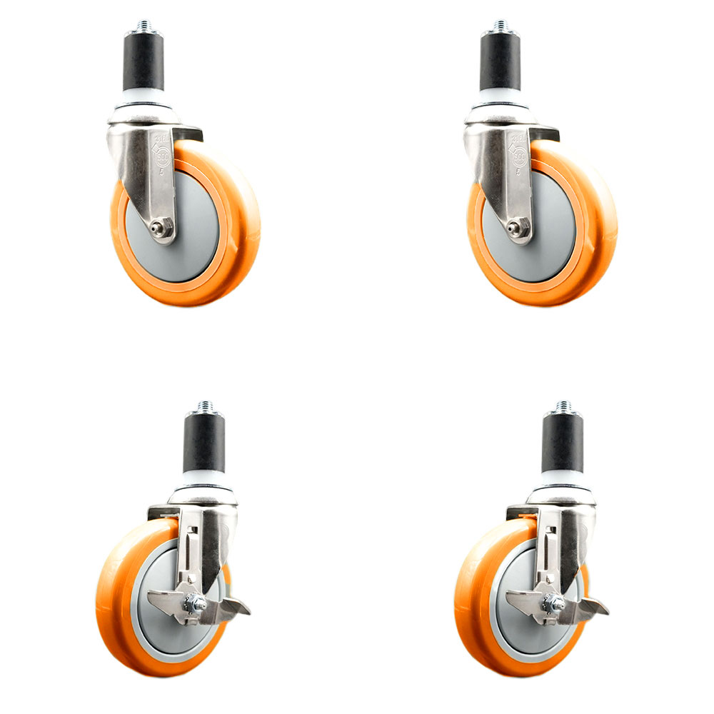 Polyurethane Swivel Stem Caster Set of 4 with 5 Inch Orange Caster Wheels - 1-1/2" Expanding Stems -316 Stainless Steel Casters-Includes 2 Swivel with Top Lock Brakes and 2 Swivel-Service Caster Brand — photo 1