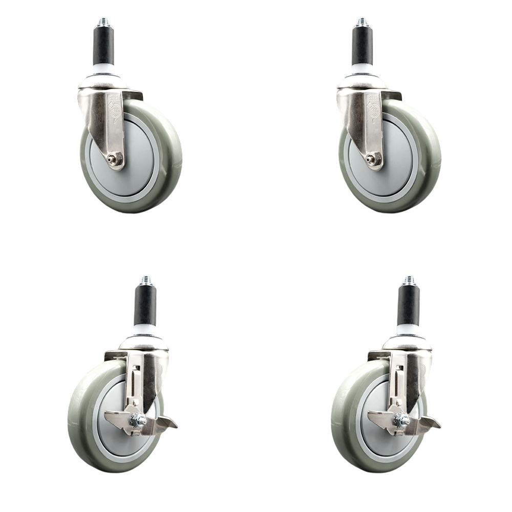 Polyurethane Swivel Stem Caster Set of 4 with 5 Inch Gray Caster Wheels - 1-1/4" Expanding Stems - 316 Stainless Steel Casters-Includes 2 Swivel with Top Lock Brakes and 2 Swivel-Service Caster Brand — photo 1