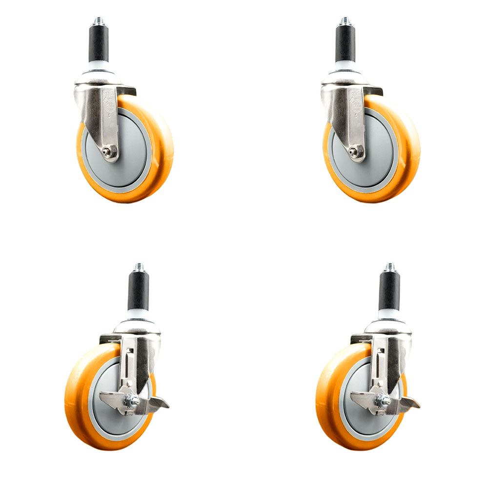 Polyurethane Swivel Stem Caster Set of 4 with 5 Inch Orange Caster Wheels - 1-1/4" Expanding Stems -316 Stainless Steel Casters-Includes 2 Swivel with Top Lock Brakes and 2 Swivel-Service Caster Brand — photo 1