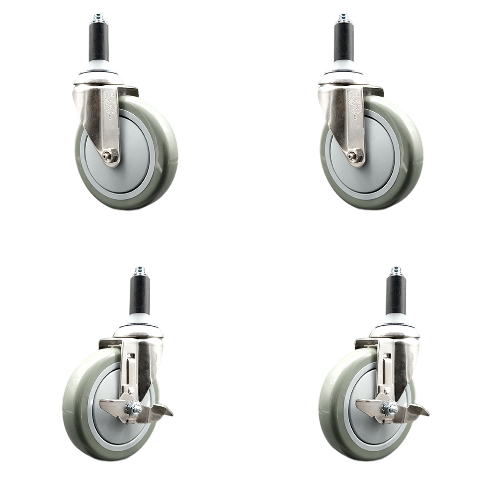 Polyurethane Swivel Stem Caster Set of 4 with 5 Inch Gray Caster Wheels - 1-1/8" Expanding Stems - 316 Stainless Steel Casters-Includes 2 Swivel with Top Lock Brakes and 2 Swivel-Service Caster Brand — photo 1