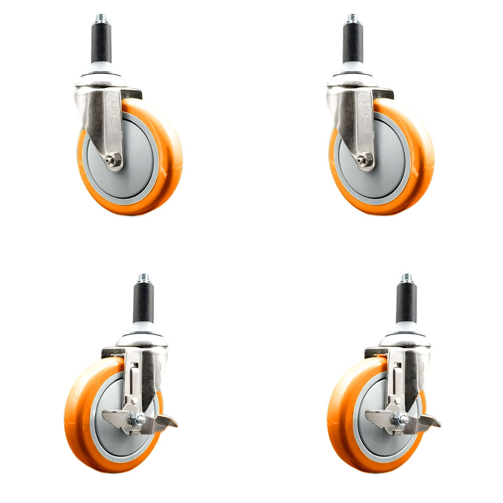 Polyurethane Swivel Stem Caster Set of 4 with 5 Inch Orange Caster Wheels - 1-1/8" Expanding Stems -316 Stainless Steel Casters-Includes 2 Swivel with Top Lock Brakes and 2 Swivel-Service Caster Brand — photo 1