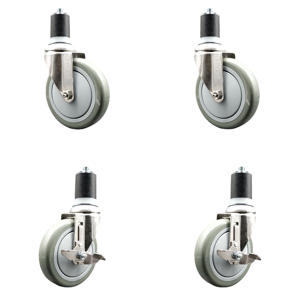 Polyurethane Swivel Stem Caster Set of 4 with 5 Inch Gray Caster Wheels - 1-3/4" Expanding Stems - 316 Stainless Steel Casters-Includes 2 Swivel with Top Lock Brakes and 2 Swivel-Service Caster Brand — photo 1