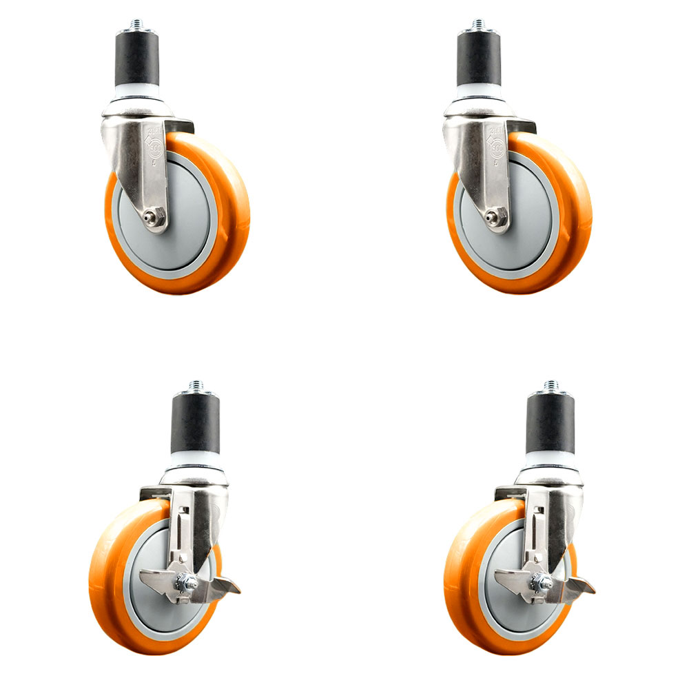 Polyurethane Swivel Stem Caster Set of 4 with 5 Inch Orange Caster Wheels - 1-3/4" Expanding Stems -316 Stainless Steel Casters-Includes 2 Swivel with Top Lock Brakes and 2 Swivel-Service Caster Brand — photo 1